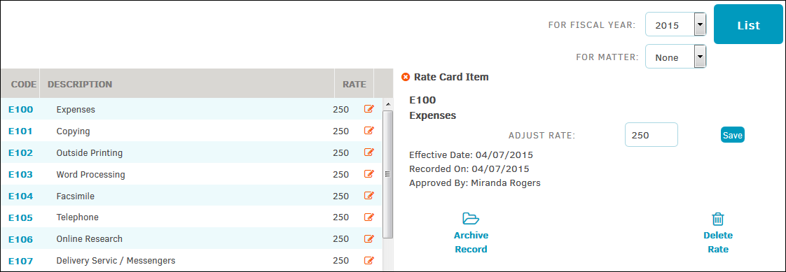 Rate Card Page of the Staff Tab