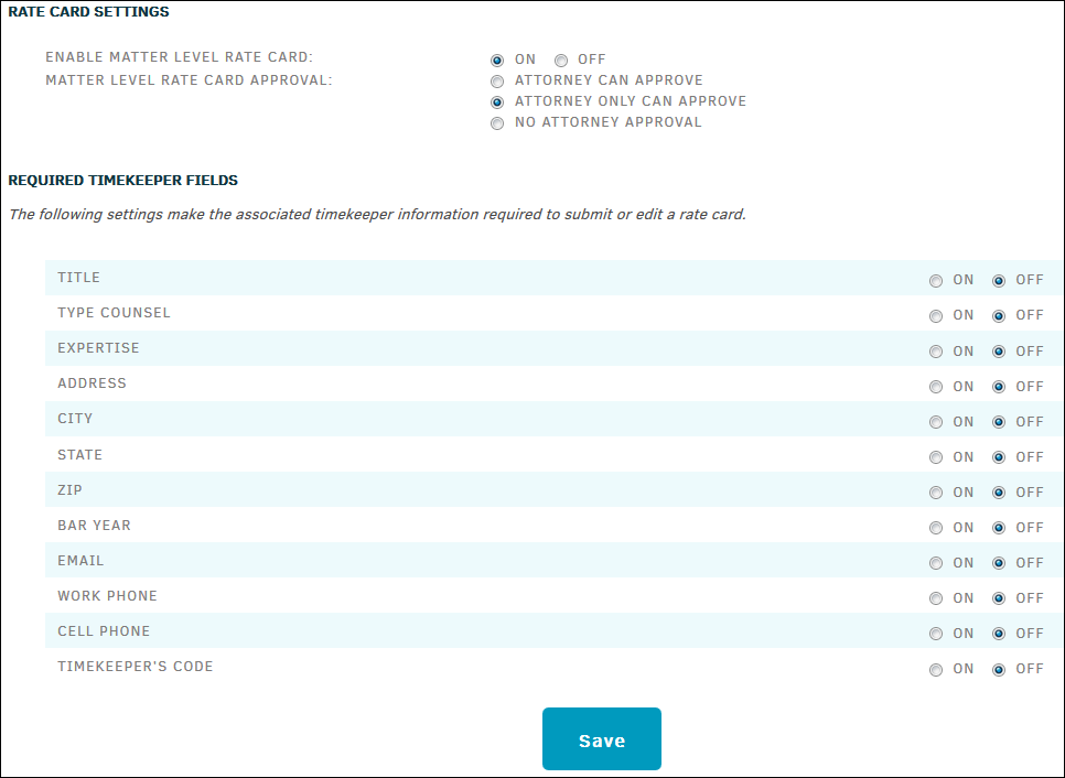 Rate Card Settings