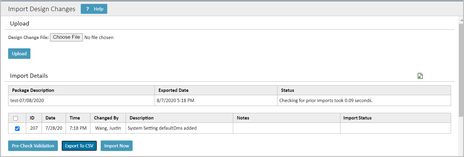 Accessing the Import Design Changes page