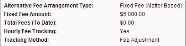 AFA Fields Example for the Fixed Fee (Matter Based) AFA Type