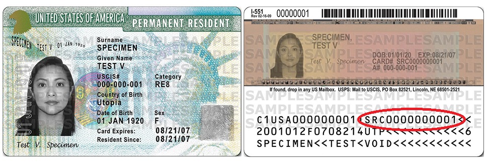 Front and Back of the Form I-551 Lawful Permanent Resident card issued starting May 2010.