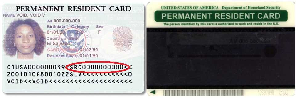 Front and Back of the Form I-551 Lawful Permanent Resident card issued before May 2010.