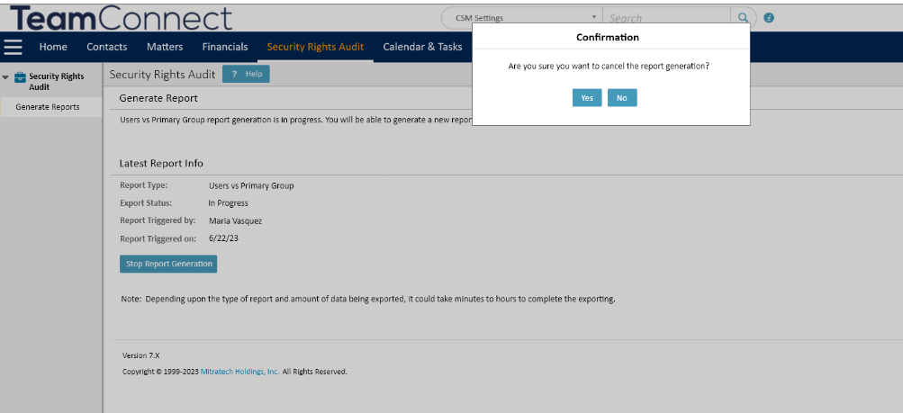 A Confirmation modal pop-up will be opened with the options of "Yes" and "No"