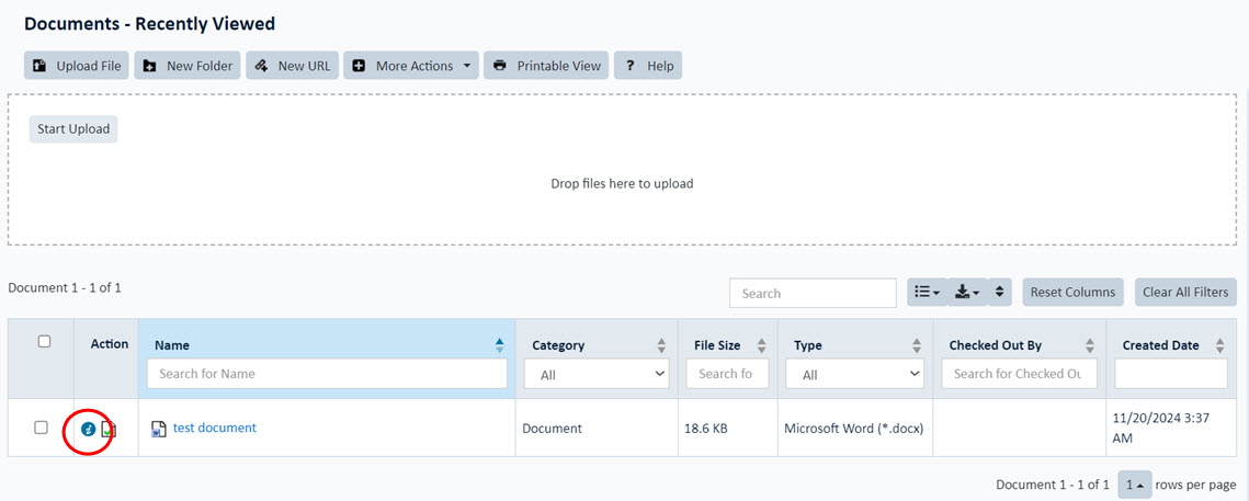 Properties Icon in the Action Column