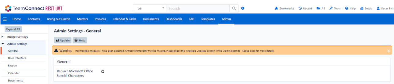 Warning message on Admin Settings page