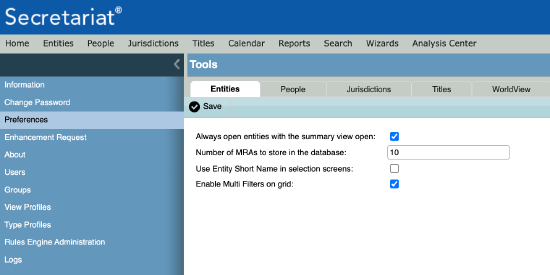 The Preferences tab under Tools in Secretariat.