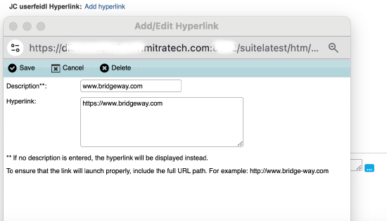Click Add hyperlink and in the pop up window enter the URL and its description.
