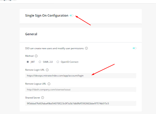 SSO configuration screen