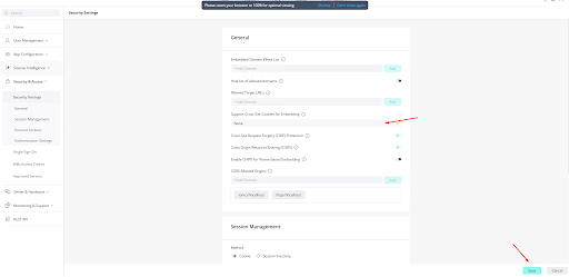 Support Cross Site Cookies for Embedding setting