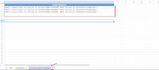Process Update Statement tab with generated SQL statements